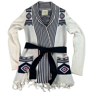Billabong Bohemian Sweater Cardigan Shawl Collar Geometric Print Fringe Belted S